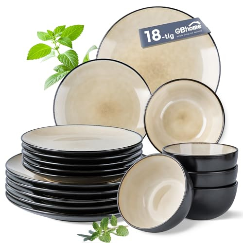 GBhome Stoneware Dinner Sets for 6 People, 18 Pieces Handcrafted Plates and Bowls Set, Scratch Resistant Dinnerware Set, Dishwasher & Microwave Safe Dishes, GDW025GY-EU (Cappuccino, Set of 18)