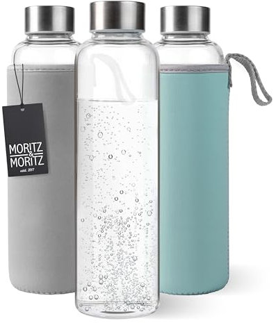 Moritz & Moritz Borraccia in vetro da 500 ml, adatta per anidride carbonica e a prova di perdite, bottiglia di vetro per sport, scuola, università o lavoro, con rivestimento protettivo reversibile in