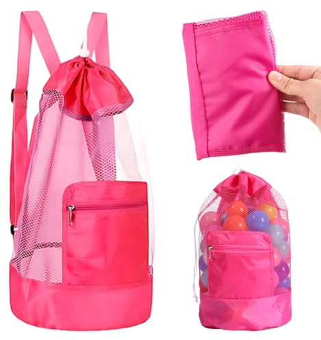 Strandtasche Strandspielzeug Tasche Groß aus Wasserdichtem Polyester Mesh und Reißverschlusstasche Faltbare Wasserspielzeug Rucksack Beutel mit Doppeltragen und Zugband für Strand und Urlaub (Rosarot)