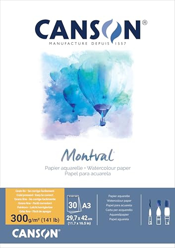 Canson Montval, Carta ad acquerello, grana fine, 300 gsm, blocco incollato sul lato corto, A3-29,7 x 42 cm, bianco, 30 fogli