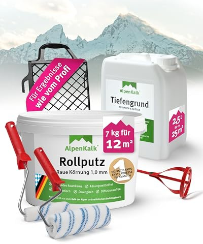 AlpenKalk Starter-Set I Rauer Rollputz Innen 7 kg + Tiefengrund 2,5 l für ca. 12m² I 1,0 mm Körnung I Inkl. 18 & 10cm Spezialrollen, 21 x 25cm Abstreifgitter & Quirl I Atmungsaktiv & schimmelhemmend