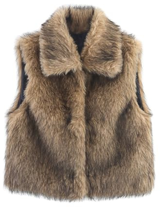 FindThy Women’s Furry Faux Fur Vest Stylish Lapel Collar Sleeveless Button Down Winter Crop Waistcoat(4194-Brown-M-aLB)