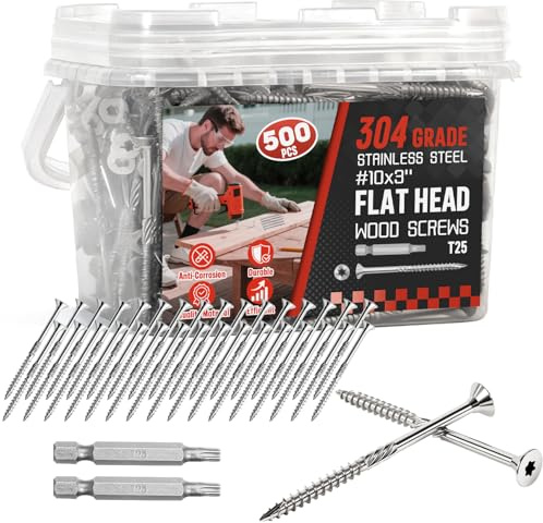 #10x3 Inch 304 Stainless Steel Deck Screws 500 PCS - Corrosion-Resistant Outdoor Wood Fasteners for Fences, Decks, Wood Project - T25 Star Drive Bit