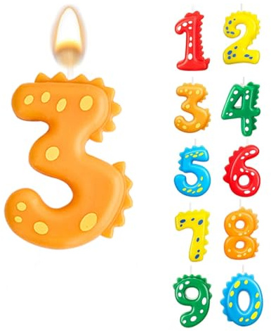 Geburtstagskerze 3, Kerze 3 Geburtstag,Dekorative Geburtstagszahlenkerze 3, Orange, Dino Kuchen, Tortendekoration für Kindergeburtstag