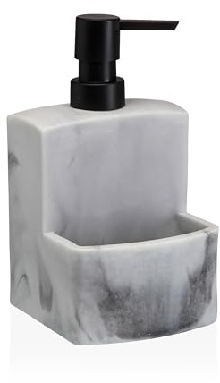 Dispenser Sapone Cucina con Porta Spugna – Dosatore Sapone Liquido Effetto Marmo in Resina Resistente – Dispenser Detersivo Piatti con Pompa – Portasapone Elegante per Cucina e Bagno (Bianco)