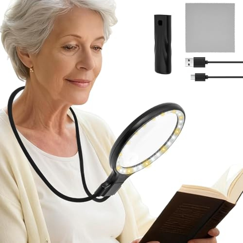 5X 10X Hands Free Magnifying Glass with Light 3 in 1 Flexible Magnifier 3 Color LED Page Magnifier for Reading Sewing Crafting Close Work Handheld/Neck-Hanging/Desktop Use