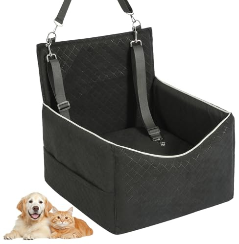 Hundbilstol för små till medelstora hundar, hundsittupphöjning med tjock stoppning, bilstol upphöjd resesäng för hundar under 15 kg, avtagbart, tvättbart överdrag med 2 säkerhetsbälten och ficka