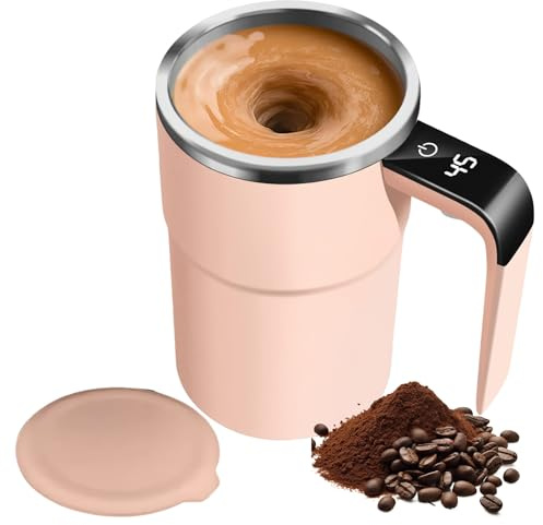 Electric Self Stirring Coffee Mug with Sliding lid and Cleaning Tools,380Ml Automatic Mixing Cup, Temperature Display,13.5 OZ Capacity, Rechargeable Self Stirring Mug for Coffee, Milk, Cocoa (Pink)