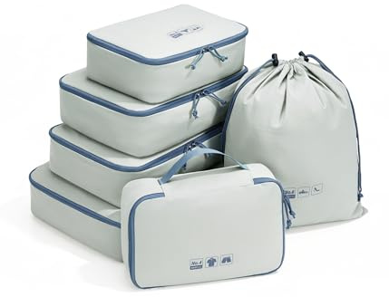 ECOHUB Packwürfel 6er Set Koffer Organizer, Reißfest & Wasserabweisend, Durchdachtes Ordnungssystem mit Kennzeichnung, Reise Organizer, Leicht, Schuhbeutel, Salbei Grau Set