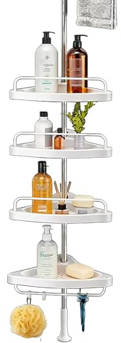 Vlocky 4-Tier Corner Shower Caddy, Telescopic No-Drill Corner Shower Caddy, Accessory Bathroom Shelf Organizer from 39.4 to 102.4 in, Shower Storage Rack with 4 Baskets, White