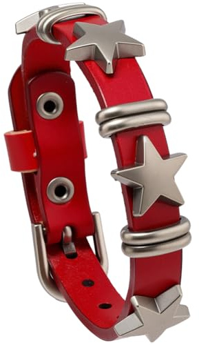 CALFOVERA Bracelet Punk Star en Cuir PU Bracelet Manchette Ajustable Orné de Clous et d'une Boucle de Ceinture Style Gothique Rouge Vintage Bracelet Hip Hop Rock pour Hommes et Femmes