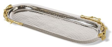 Elegance Golden Vine Hammered Stainless Steel Oval Tray, 15.25 by 5.75-Inch, Silver/Gold