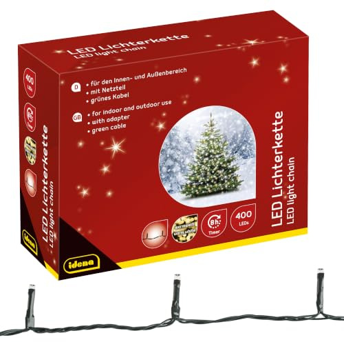 Idena 31123 - LED Lichterkette mit 400 LEDs in Gold-Gelb, mit 8 Stunden Timer Funktion und Transformator, ca. 47,9 m lang, Deko für Innen & Außen, als Party Deko, Weihnachtsdeko, zur Hochzeit