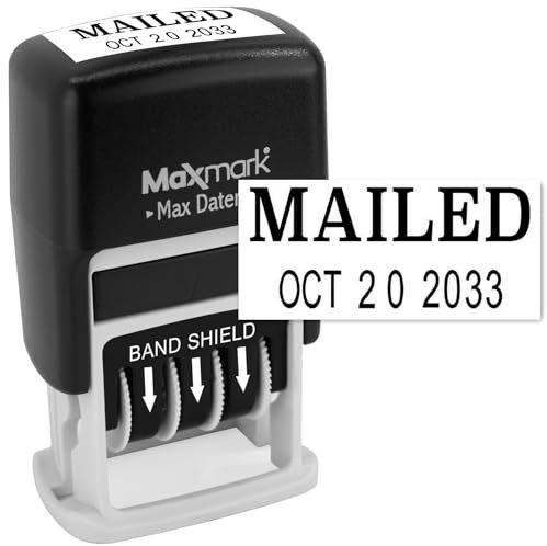 MaxMark Selbstfärbestempel Rubber Datum Büro-Stempel mit Phrase & Date - BLACK INK (Max Dater II), 12-Jahres-Band Schwarz gemailt