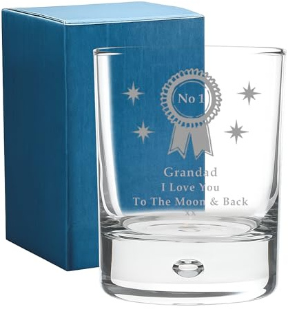No 1 Grandad I Love You to the Moon and Back Gift Engraved Bubble Base Whisky Whiskey Tumbler Glass Keepsake Present Idea from Grandson Granddaughter for Birthday Fathers Day Christmas