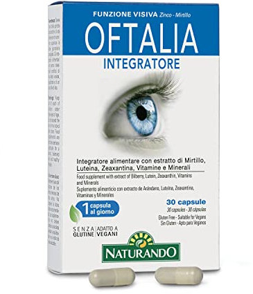 Naturando Oftalia Complemento alimenticio para la función visual con Arándanos, Luteína, Zaexantina, Vitaminas y Minerales- 30 Cápsulas