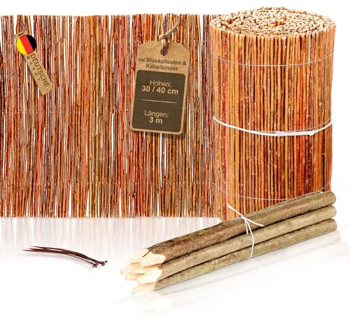 BOOGARDI Bordure de Jardin en Bois 1x - Clôture Basse en Osier, Hauteur 30 cm x Longueur 3 m - Bordure pelouse Flexible, séparation pour Massif, Potager, Arbre, Style Naturel