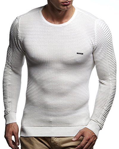 Leif Nelson Tunn stickad tröja för män, med rund hals och smal passform, för vinter och sommar, modern långärmad herrvintertröja/ulltröja, crew neck, finstickad, LN1545, ecru, L