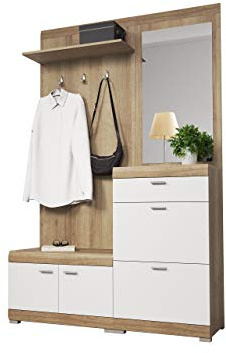 Mirjan24 Garderoben-Set Sofia mit Spiegel (Riviera Eiche/Weiß) | Flurgarderobe mit 2 Kippschuhschränken, großem Unterschrank, 3 Kleiderhaken und Ablage, B/H/T: 135/197/34 cm