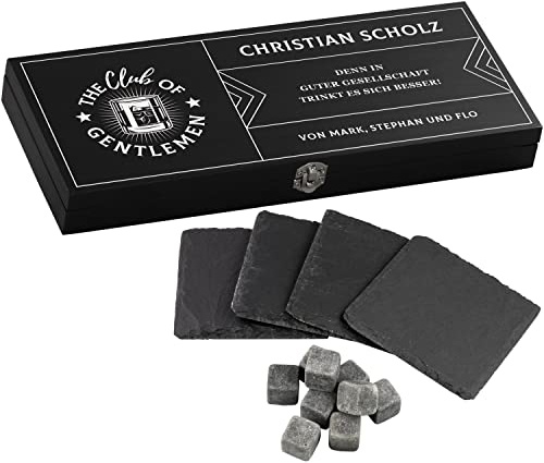 LAUBLUST Whisky Geschenk-Set Personalisiert - Gentleman Club | Whisky-Box aus Holz | 10 Whiskey-Steine | 4 Untersetzer
