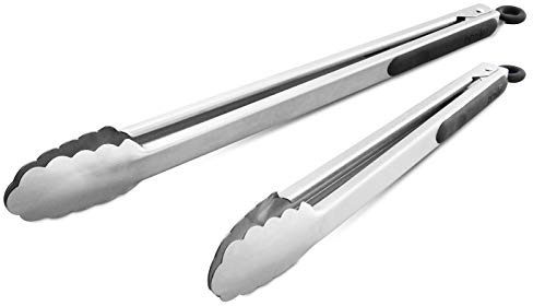 304 Stainless Steel Kitchen Cooking Tongs, 14 and 16 Set of 2 Sturdy Grilling Barbeque Brushed Locking Food Tongs with Ergonomic Grip, Black | Locking Food Tongs with Non-slip Grips and Hanging Loops for Cooking, Grilling, BBQ and Serving, Dishwasher Safe