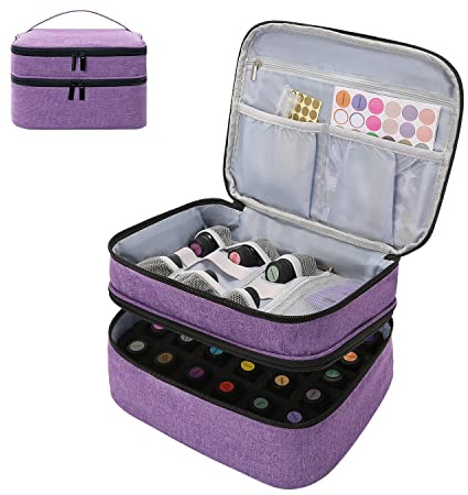 KGMCARE Sac à huile essentielle pour 30 bouteilles (5 ml - 15 ml) - Double couche - Organisateur d'huiles essentielles - Sac de rangement de voyage pour huiles essentielles et accessoires, lilas, 21