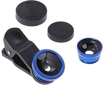 3-in-1 Fischauge Makro Weitwinkel Handyobjektiv für 6s/7/8/x | Clip On mit 52-mm Universalanschluss, Blau, Aluminiumlegierung und Glas, für Tablette und Mobiltelefon