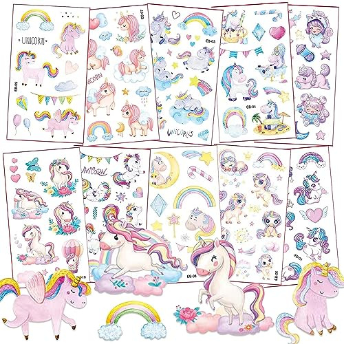 Einhorn Tattoos Mädchen, 120+Tattoos Kinder Hautfreundlich, Wasserdichte Kindertattoos Aufkleber, Geschenke zur Einschulung, Schultüte Füllung Mädchen Einhorn Deko Kindergeburtstag
