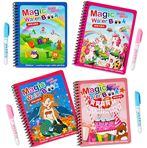 EKKONG 4 Stück Wassermalbuch, Magie Wasser Zeichnung Buch, Magisches Malbücher Set, Water Colouring Book mit Wasserstift, Wasser Malbuch Doodle für Kinder