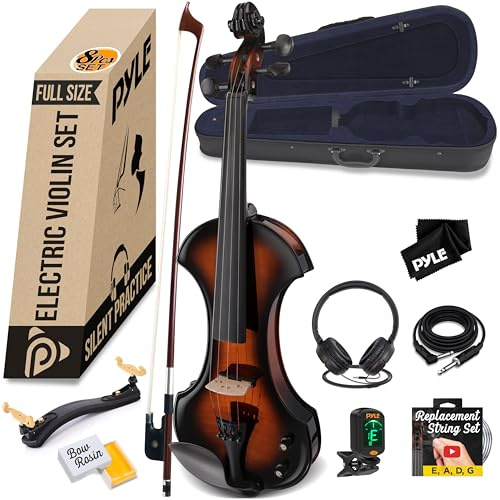 Pyle violin electrico, Silencioso, De tamaño Completo 4/4, Estuche duro, Arco, Accesorios de ebano y afinador digital