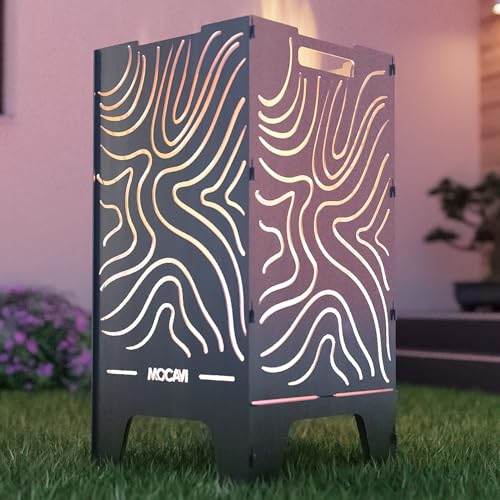 MOCAVI Feuertonne Lines 73 cm | 3 mm Stahl Feuerschale Feuerkorb massiv robust sicher Design-Brenntonne für Garten und Terrasse groß eckig hohe Feuerstelle Outdoor hitzefest Feuersäule Feuerfass