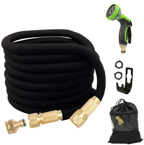 AQUABLADE FlexTube Tubo Acqua da Giardino Estensibile per Irrigazione con Raccordi in Ottone, Canna Acqua con Pistola Multigetto con 10 Modalità di Spruzzo (22,5 M, NERO)