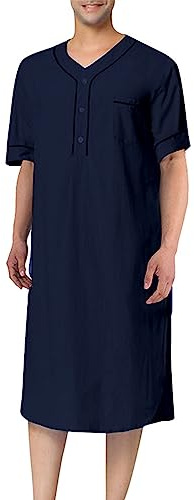 MIOTEQ Chemise de Nuit pour Hommes à Manches Courtes Coton Chemise de Nuit Lâche Chemise de Nuit Confortable Chemise de Nuit Douce Manteau de Maison S-XXXL,Navy Blue,XL