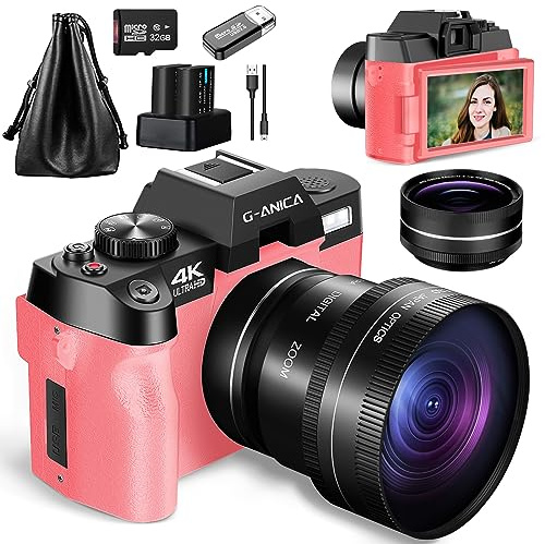G Fotocamere digitali 4K per la fotografia, fotocamera Vlogging 48MP per YouTube con WiFi, fotocamera Flip Screen compatta 180° con flash, zoom digitale 16X con obiettivo grandangolare e macro（Pink）