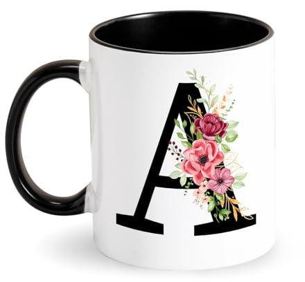 Personalisierte Tasse Initial Kaffeetasse, Keramiktasse mit Buchstabe Blumen, Geschenke für Frauen, Beste Freundin, Mutter, Tochter, Oma, Schwester, Geburtstag, Hochzeit, Muttertagsgeschenk(A)