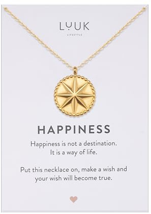 LUUK LIFESTYLE Feminine Halsketten aus Edelstahl mit schlichten Anhängern in zeitlosem Design, Glücksbringer, alltagstauglich und langlebig, HAPPINESS Spruchkarte, Geschenk, Silber, Gold, Roségold