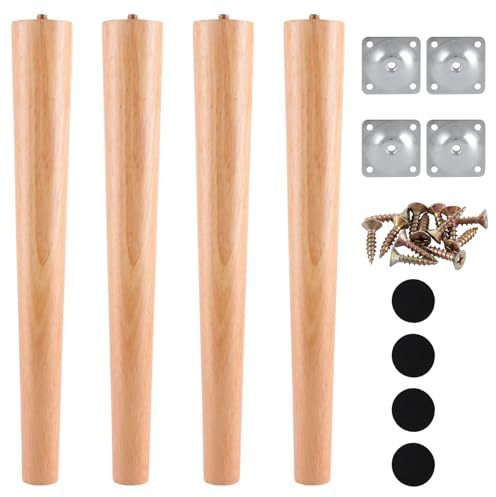 CYEER Lot de 4 Pieds de Meubles en Bois Massif 40cm, Pieds de Table de Remplacement Coniques de Style Scandinave pour Canapé, Table Basse, Meuble TV et Buffet, Kit DIY Complet avec Accessoires