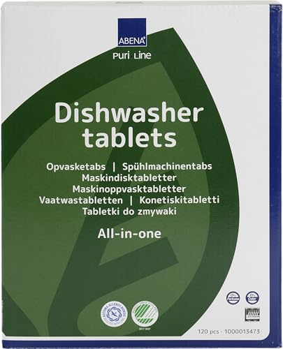 ABENA PuriLine Dishwasher Tablets with Salt & Rinse Aid, 120 Tabs in a Pack, All-In-One Detergent Pods, Easy To Use