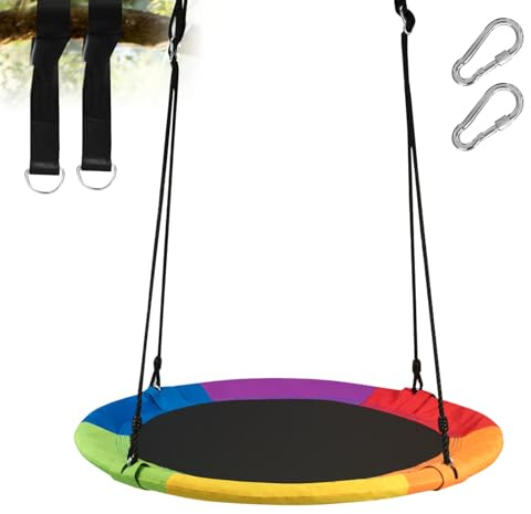 DREAMADE Balançoire Nid d’Oiseau Ronde,Balançoire à Suspendre Enfants avec Hauteur Réglable 100-180CM,Sangle de Suspension,Siège Suspendu Charge Max150KG（Multicolore,Renforcée+Sangles de Suspension）