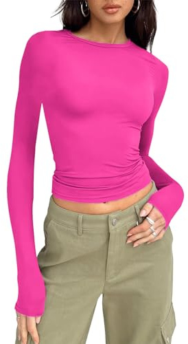 Jamron Mujer Sexy Slim Fit T-Shirt Y2K Estilo Manga Larga Color Liso Camiseta Básica