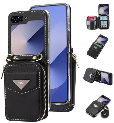 ESONG Coque pour Samsung Galaxy Z Flip 6 avec cordon,Cuir PU de portefeuille etui avec Fente pour Carte/support,Antichoc Protecteur Crossbody Housse,Protection téléphone Case Cover pour fille-Noir