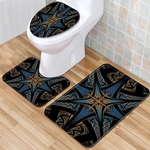 Bad Teppiche Set 3-Teiliges Blau Gelb Retro WC Vorleger Mit Ausschnitt Badematte Saugfähig WC Deckelbezug Badvorleger rutschfest Waschbar Toilettensitzbezug Badgarnitur (50x80cm)
