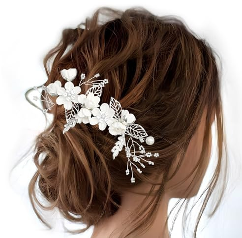 Braut Haarschmuck Silber Eleganter Brautschmuck Haare, Braut Kamm, Blumen Perlen Ideal für Hochzeiten, Brautjungfern und Mädche