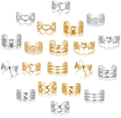 PYRUVAE 20 Stück verstellbare Zehenringe, gefüllt, Gold/Silber, für Damen und Mädchen, Blume, Herz, Schmuck für den Strand