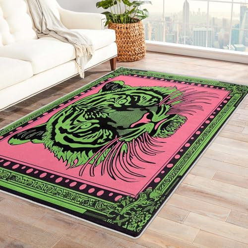 Tiger Teppich Wohnzimmer - Teppich Wohnzimmer Schlafzimmer Tiger Rosa, Großer Teppich Dschungel Tiere, Weich Kurzflor & Waschbar & rutschfest Wohnzimmerteppich, Bettvorleger 120x170 cm