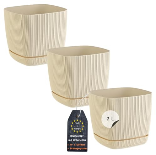 Engelland - 3 x Blumentopf mit Drainagesystem, Untersetzer, Farbe: Beige, Rillenoptik, Pflanz-Topf, Kübel, modern, Kunststoff, quadratisch, 15 x 15 cm, 2 Liter