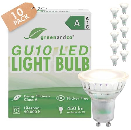 greenandco 10x GU10 | sustituye a 44 vatios | blanco neutro 4000K | 2.5W 450lm | 36° | sin parpadeo | eficiencia energética clase A | bombilla LED 230V | no regulable