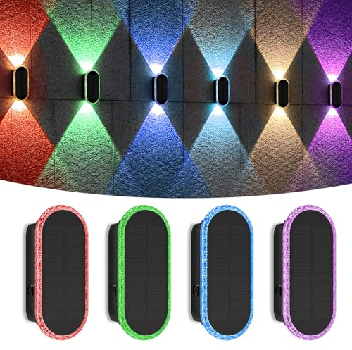 AGOTD Solar Wandleuchte Aussen, RGB Einstellbar Solarlampen für Außen, LED Wandleuchten Up & Down Light, Wasserdicht 7 Farben Heller Solarleuchten für Garten, Zaun, Balkon Deko 4 Stück mehrfarbig