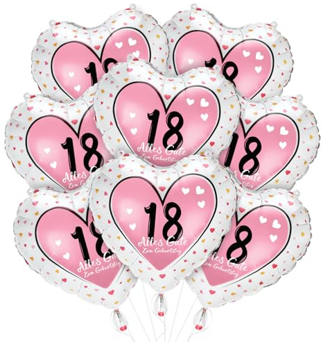Folienballon 18, Alles Gute zum 18. Geburtstag Ballon, 8 Stück Rosa Geburtstags Herz Folienballons, Herzballon für 18. Geburtstagsdeko Frauen, Helium Zahl 18 Herzluftballons