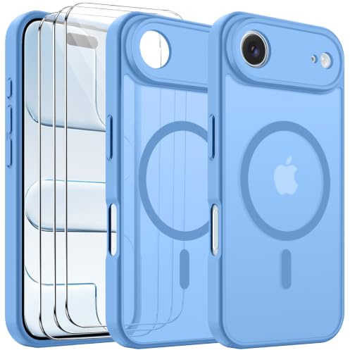crisant Funda Magnética para iPhone Air con 3 Piezas Vidrio Templado Protector de Pantalla, Compatible con MagSafe, Fondo Mate Translúcido, Carcasa Anti-Amarillo y Antigolpes - Azul